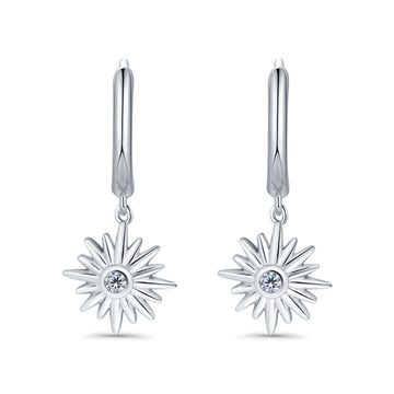 Starburst LeverBack Earrings Hoop Huggie Design Simulated CZ 925 Sterling Silver (40mm)